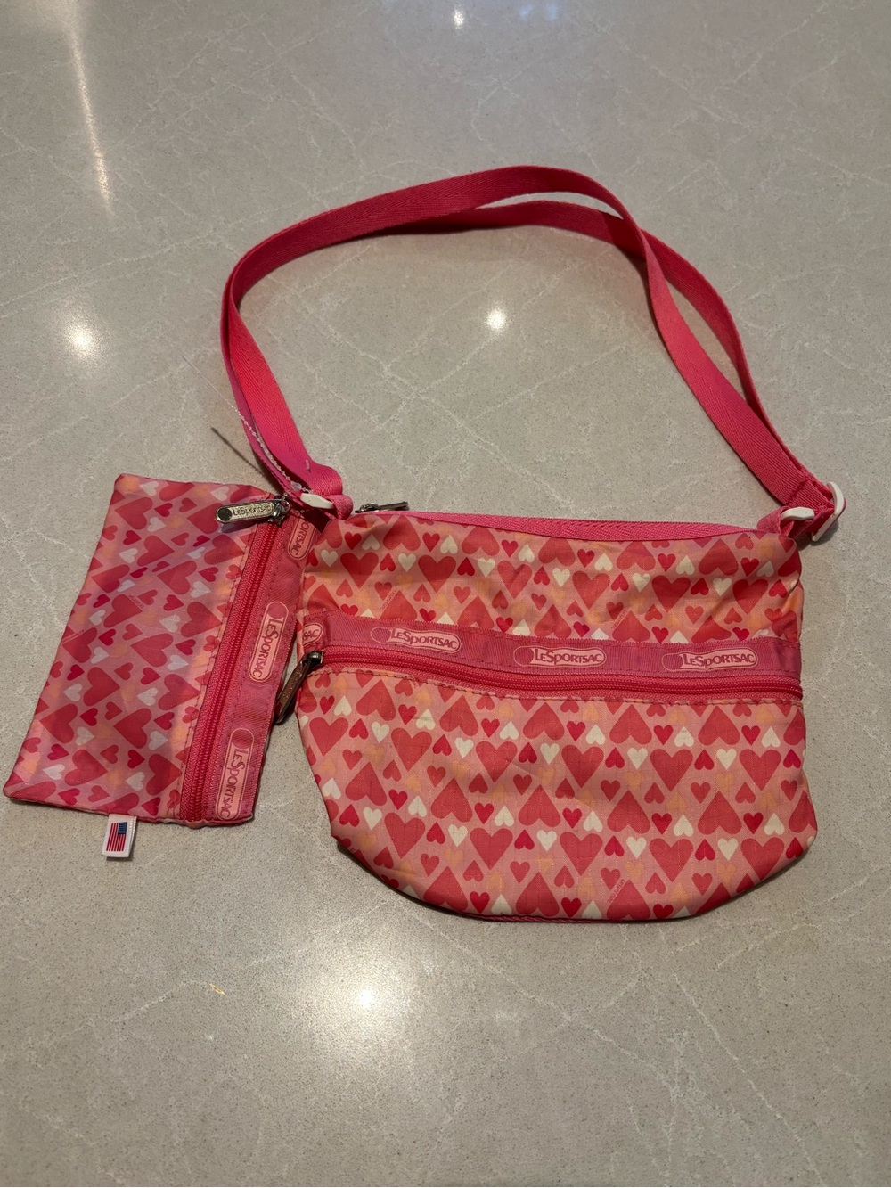 LeSportsac Deluxe Everyday Crossbody Bag & Matching Pouch Set - Pink Hearts